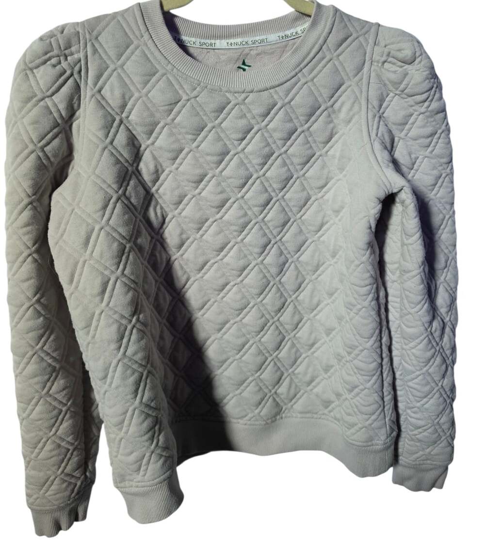 Turkernuck Sport Puff Sleeve Quilted Stretch Campbell Beige Pullover Top Sz S